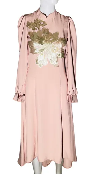 Pinar Şems Pink Long Sleeve Pleated Maxi Dress with Ruffle Neck – Small (EU 36) thumbnail 1