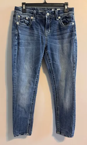 Miss Me Easy Skinny Jeans 29 Mid Rise Rhinestone Embroidered Y2K Blue thumbnail 1
