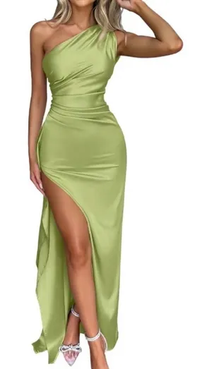 One Shoulder Satin Dress Green thumbnail 1