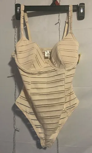 Women's Beige Striped Bodysuit Tan Size L thumbnail 1