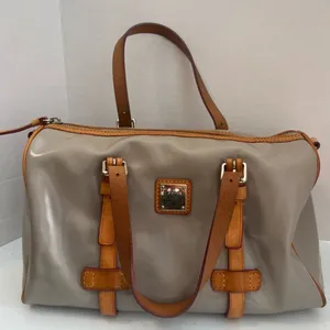 Dooney & Bourke Patent Leather Barrel Satchel in Taupe/Putty gray Vachetta Trim thumbnail 1
