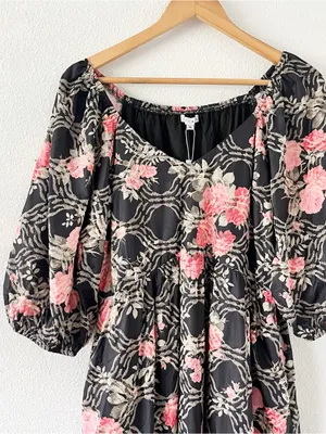 Baltic Born Ivanna Black Floral Embroidered Cottagecore Satin Midi Dress thumbnail 3