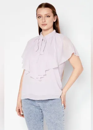Ralph Lauren Tie-Neck Crinkle Georgette Cape Blouse in Light Purple, Size XL NWT thumbnail 3