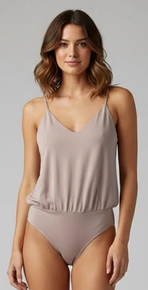 EXPRESS Crepe Sleeveless Cami Bodysuit Double V-Neck Thong Back in Mauve Size L thumbnail 1