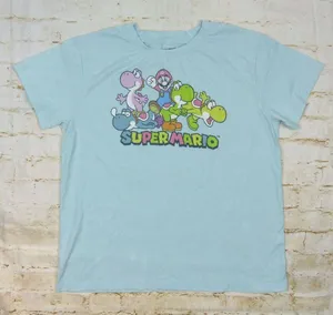 Nintendo Super Mario T-Shirt Womens M Baby Blue Mario Yoshi Graphic Logo Kidcore thumbnail 1