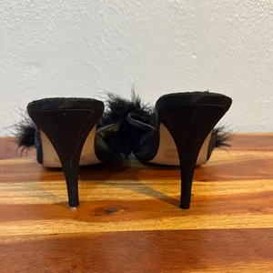 Vintage Y2K Frederick's of Hollywood Black Marabou Feather Satin Peep Toe Heel thumbnail 7