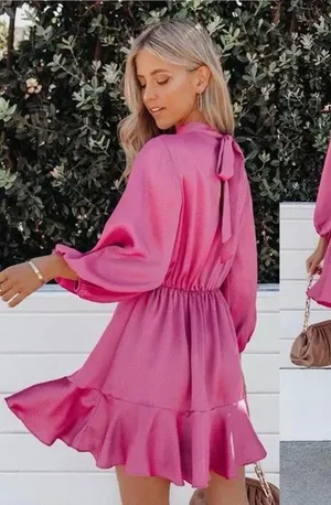 Vici Call Me Angel Dress Satin Pink Long Sleeve Tie Back Mock Neck Flirty Girly thumbnail 1