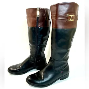 Tommy Hilfiger Leather Riding Boots, Black and Brown Colorblock Design, size 7.5 thumbnail 2