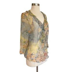 Y2K Silk Floral Ruffle Blouse Fairycore Sheer Top thumbnail 6