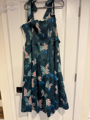 Rebecca Taylor Hydrangea Floral Smocked Tie Shoulder Midi Dress Large Cotton thumbnail 4