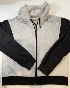 PINK Womens S Gray Black Fleece Cotton Blend Full Zip Hoodie Logo Colorblock thumbnail 1