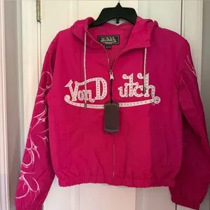 Von Dutch women’s Hot Pink Hooded Zip Bomber Jacket windbreaker small thumbnail 1