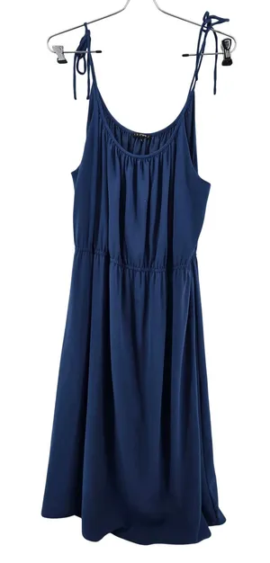 Theory Silk Midi Dress Womens Large Blue Tie‎ Shoulder Gathered Neck Minimalist thumbnail 1