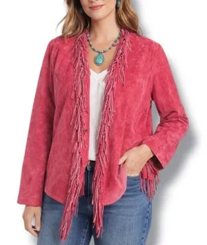 Vintage Red Suede‎ Leather Fringe Jacket Western Boho Statement Festival Piece thumbnail 1