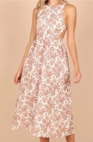 Petal & Pup Tan Floral Printed Aubrey Cutout Open Back Midi Dress Size 2 thumbnail 1