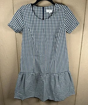Universal Standard For J. Crew Gingham Poplin Drop-Waist Dress Sz XS Blue Preppy thumbnail 1