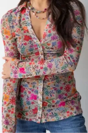 Natural Life Carina Mesh Top Floral Wildflower Ruched Button Down thumbnail 1