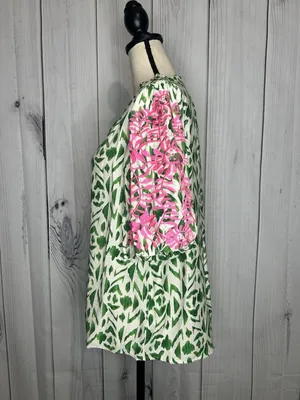 VOY Green White Abstract Print Top Pink Floral Embroidered Puff Sleeves Sz L thumbnail 4