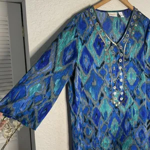 Chico’s Blue Watercolor Silver Beaded Tunic Top Party Resortwear Size 2 Large thumbnail 3