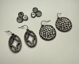 Rhinestone Dangle Drop / Stud Pierced Earrings Lot Of 3 Gunmetal Variety thumbnail 1