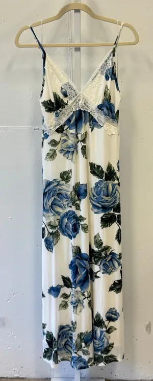 Thirty Thirty LA Blue‎ Rose Floral Lace Trim Maxi Dress White Medium Boho Party thumbnail 1