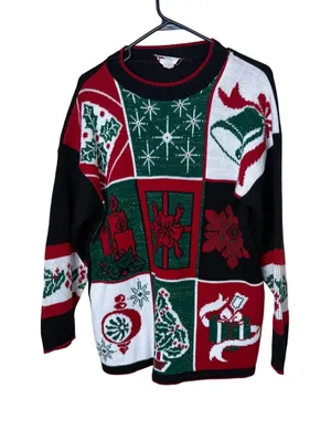 Vintage NutCracker Christmas Sweater Womens Medium Patchwork Metallic Tinsel USA Black thumbnail 1