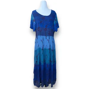 Vintage 90s Ombre Blue Dark Floral Crinkle Dress Short Sleeve Maxi‎ Festival thumbnail 11