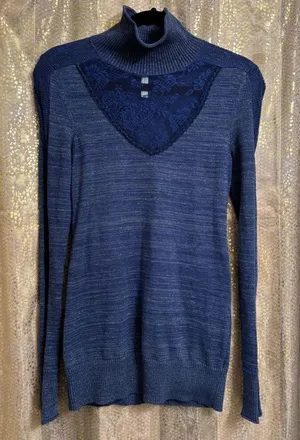 Free‎ People Navy Blue Metallic Lace Inset Turtleneck Sweater Small thumbnail 1