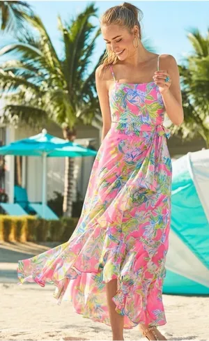 NWOT Lilly Pulitzer 4 Anni Maxi Wrap Long Dress Squeeze The Day Pink Fit & Flare thumbnail 1