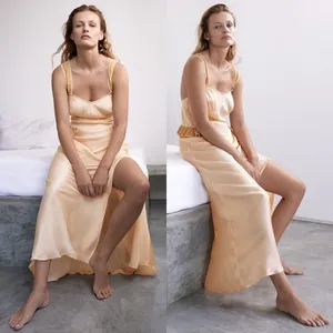 Zara SATIN MIDI LONG LACE STRAPS PEPLIM DRESS Front Slit at Hem Size S NEW thumbnail 1