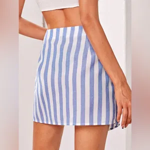 Blue White Vertical Stripe High-Waisted Button Faux Wrap Mini Skirt Women's XS thumbnail 2