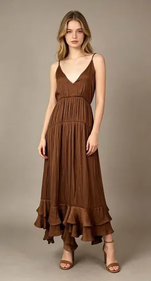 NWOT Farm Rio Ruffled Sleeveless V-Neck Midi Dress Brown Size L thumbnail 1