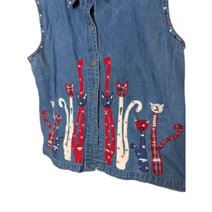 Vintage Dressbarn Womens‎ Large Denim Vest Patriotic Cat Embroidered Star Blue L thumbnail 5