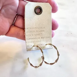 Anthropologie Earrings Gold Bamboo Delicate Medium Sized Hoop Post Back NWT‎ thumbnail 2