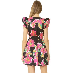 Entro Floral Mini Dress Womens M Black Pink Ruffle Boho Feminine Romantic Dainty thumbnail 2