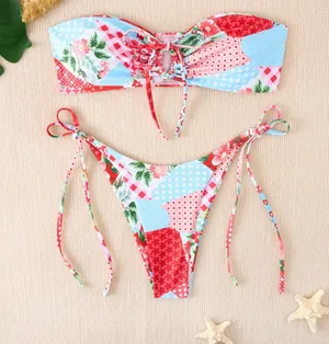Amazon Women’s Small  Strawberry Shortcake Patchwork Bandeau Bikini Set thumbnail 1