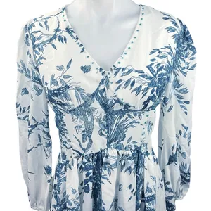 Commense Multicolor Floral Print Long Sleeve V-Neck A-Line Blue White Midi Dress thumbnail 3