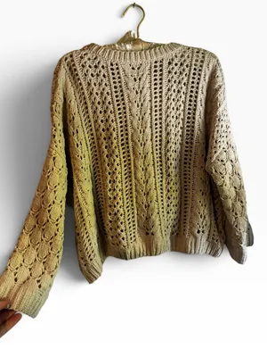 Women's Cream Openwork Crewneck Sweater. Layer Loose Fit thumbnail 4