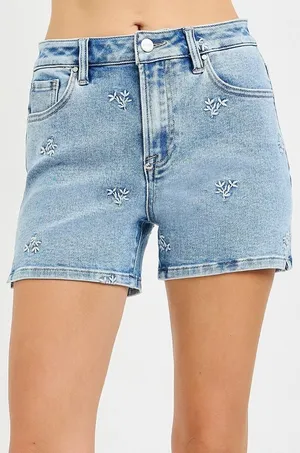 RISEN High Rise Denim Shorts‎ with Embroidered Detail - Medium thumbnail 1
