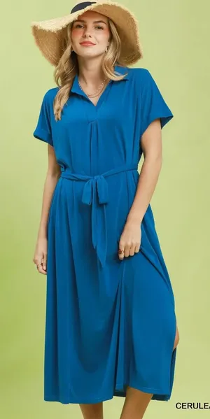 Umgee Collared Belted Midi‎ Dress - Cerulean - Small thumbnail 1