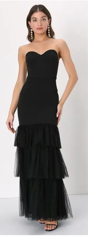 Lulus Dramatic Fanatic Black Strapless Tulle Trumpet Maxi Dress Size Small NWT thumbnail 1