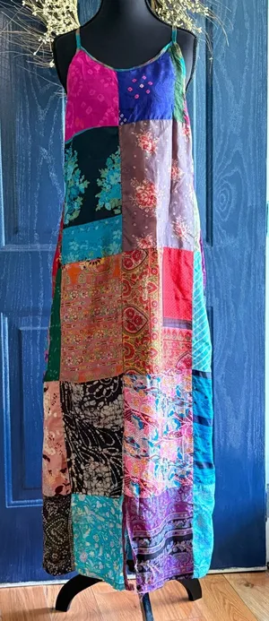 Sacred Threads Patchwork 100% Silk Maxi Dress size S/M *read* thumbnail 1
