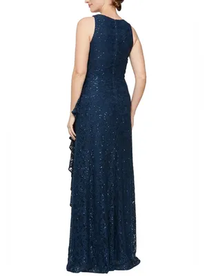 NWT Alex Evenings Sequin Ruched Ruffle A-Line Gown Maxi Dress Navy Blue Size 6 thumbnail 2