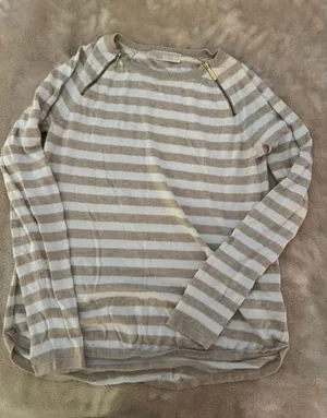 Michael Kors Womens Striped Long Sleeve Sweater Tan White Gold Shoulder Zips (C) thumbnail 1