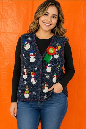 Navy Snowman Embroidered Holiday Sweater Vest - Women's Festive Knit thumbnail 1