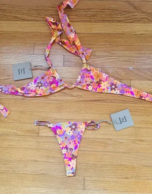 Stone Fox Swim Floral Triangle Bikini Set NWT Adjustable 2 Way Top High Cut thumbnail 1