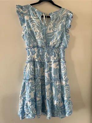 Blue White Swirl Print Smocked Waist Ruffle Mini Dress Small Coastal Vacation thumbnail 8