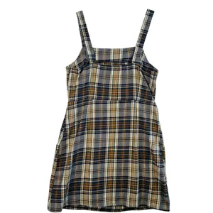 American Eagle Plaid Pinafore Dress Made‎ in Italy Brown Navy Sz M Pockets Mini thumbnail 2