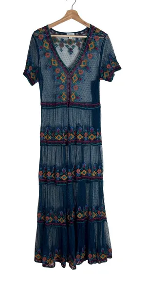 Sundance Maxi Dress Women's Embroidered Mesh Sheer Boho Teal Large thumbnail 1