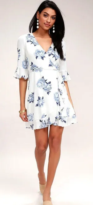 Lulus Pretty Peony Blue and White Floral Print Wrap Dress thumbnail 2